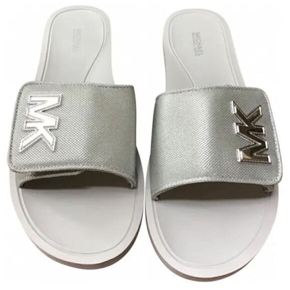 Sz10 nwot michael Kors gilmore pool slide sandals w/logo silver mesh chain - Picture 2 of 6